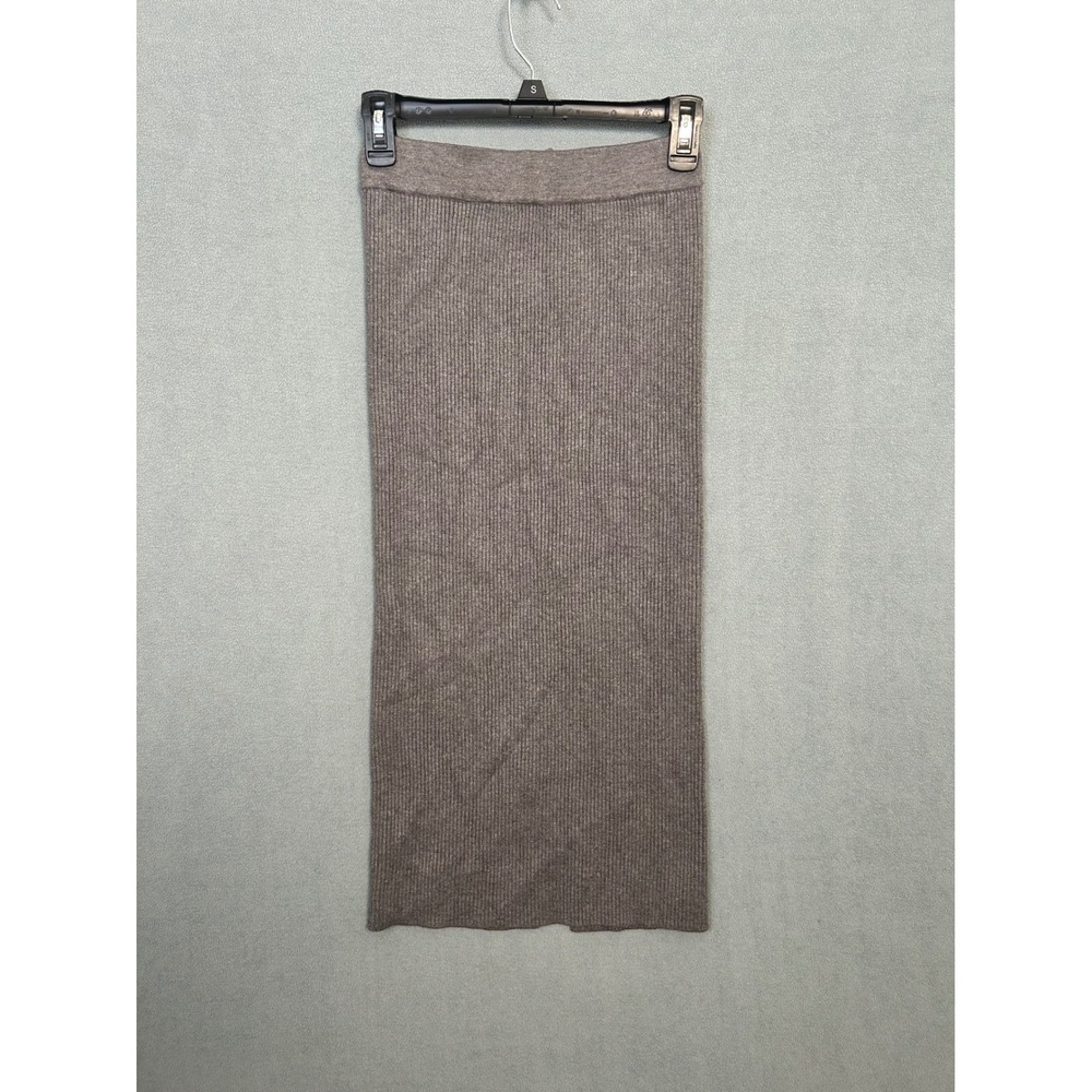 Becod Ribbed Knit Midi Skirt Brown Taupe Elastic Waist Back Slit 62383 Womens M